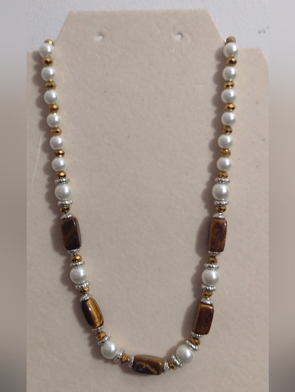 Pearl and Tiger's Eye Beaded Necklace - Gold & Brown